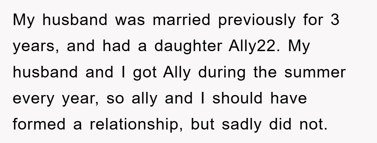 My husband was married previously for 3 years, and had a daughter Ally22. My husband and I got Ally during the summer every year, so ally and I should have...