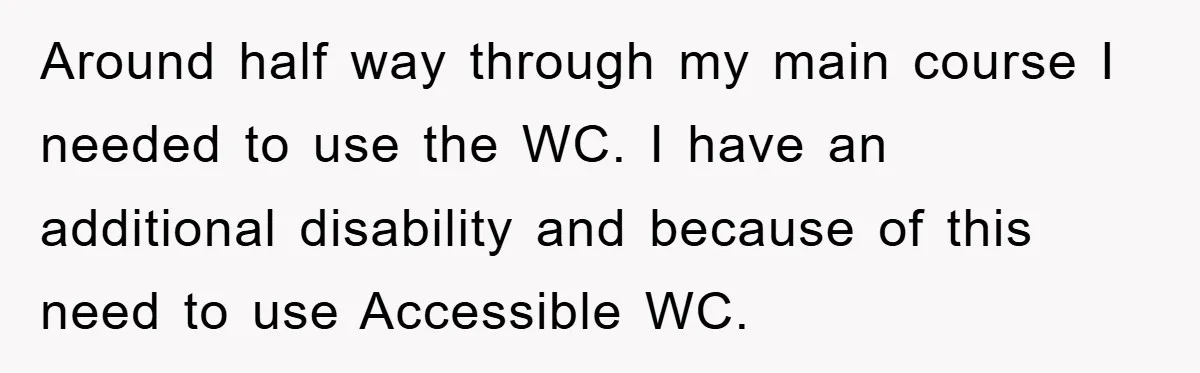 Around half way through my main course I needed to use the WC. I have an additional disability and because of this need to use Accessible WC.