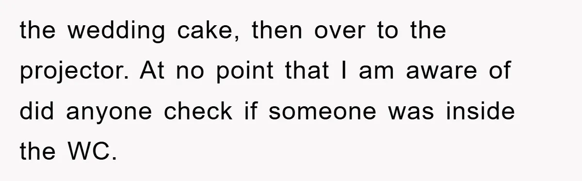 the wedding cake, then over to the projector. At no point that I am aware of did anyone check if someone was inside the WC.