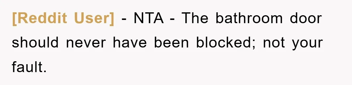 [Reddit User] − NTA - The bathroom door should never have been blocked; not your fault.