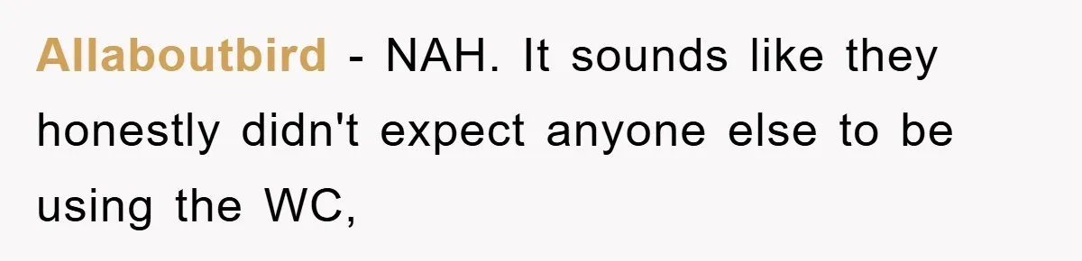 Allaboutbird − NAH. It sounds like they honestly didn't expect anyone else to be using the WC,