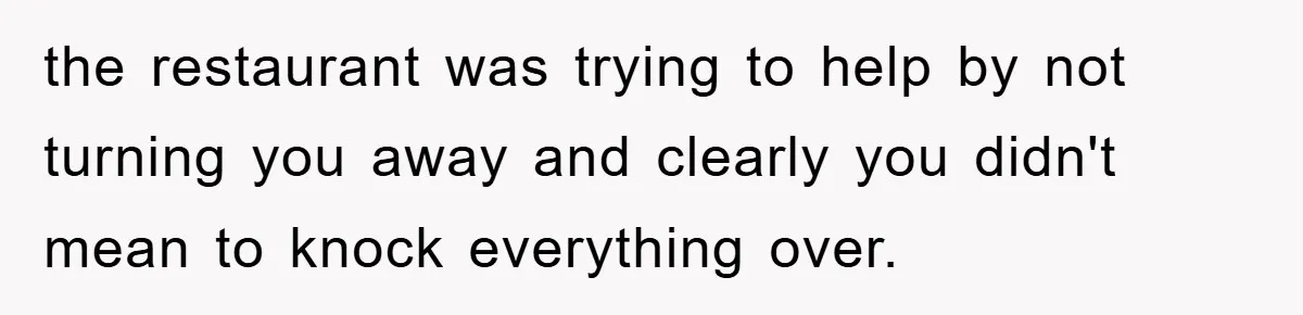 the restaurant was trying to help by not turning you away and clearly you didn't mean to knock everything over.