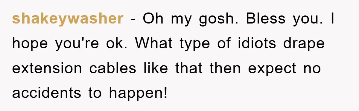 shakeywasher − Oh my gosh. Bless you. I hope you're ok. What type of idiots drape extension cables like that then expect no accidents to happen!