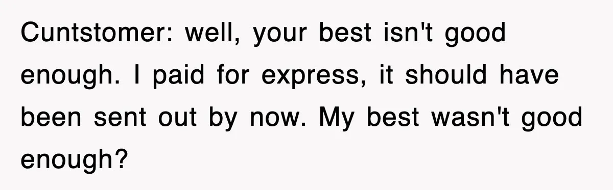 Cuntstomer: well, your best isn't good enough. I paid for express, it should have been sent out by now. My best wasn't good enough?