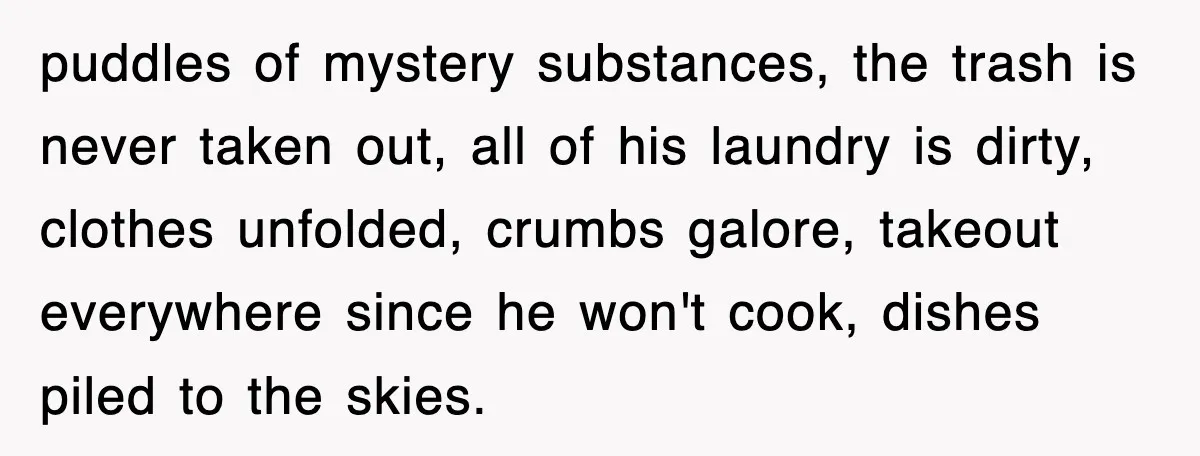 puddles of mystery substances, the trash is never taken out, all of his laundry is dirty, clothes unfolded, crumbs galore, takeout everywhere since he won't cook, dishes piled to the...
