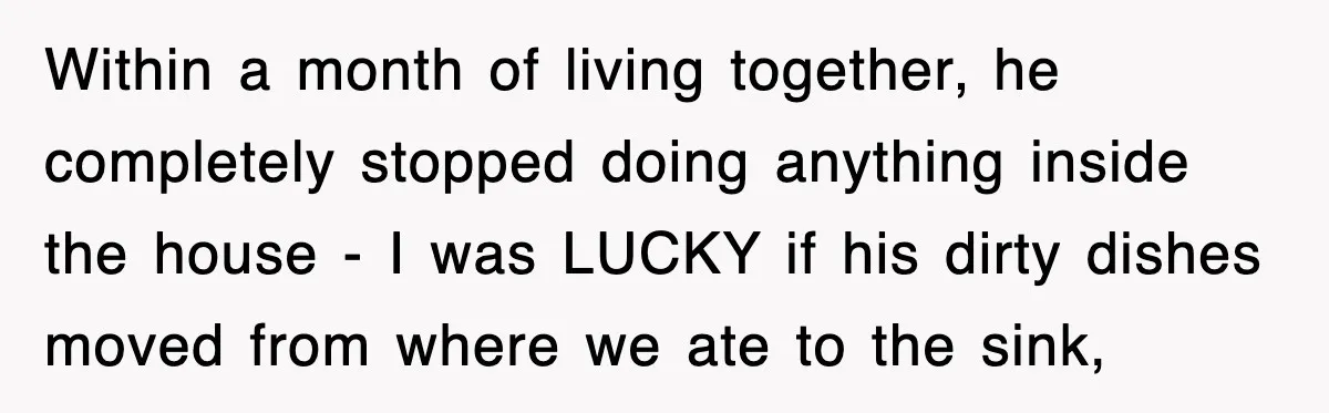 Within a month of living together, he completely stopped doing anything inside the house - I was LUCKY if his dirty dishes moved from where we ate to the sink,