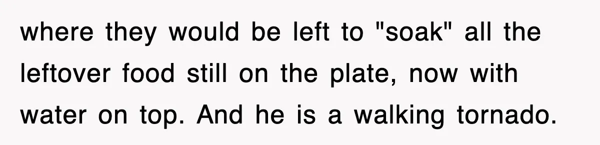 where they would be left to "soak" all the leftover food still on the plate, now with water on top. And he is a walking tornado.