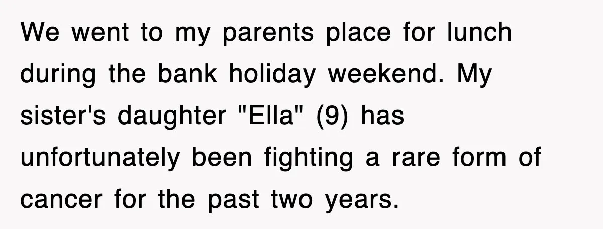 We went to my parents place for lunch during the bank holiday weekend. My sister's daughter "Ella" (9) has unfortunately been fighting a rare form of cancer for the past...