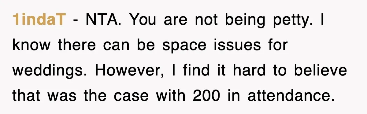 1indaT − NTA. You are not being petty. I know there can be space issues for weddings. However, I find it hard to believe that was the case with 200...