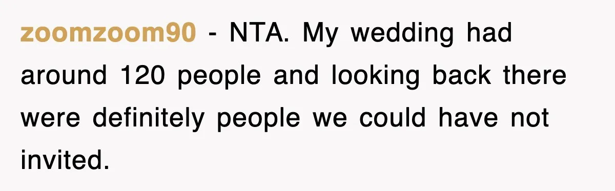 zoomzoom90 − NTA. My wedding had around 120 people and looking back there were definitely people we could have not invited.