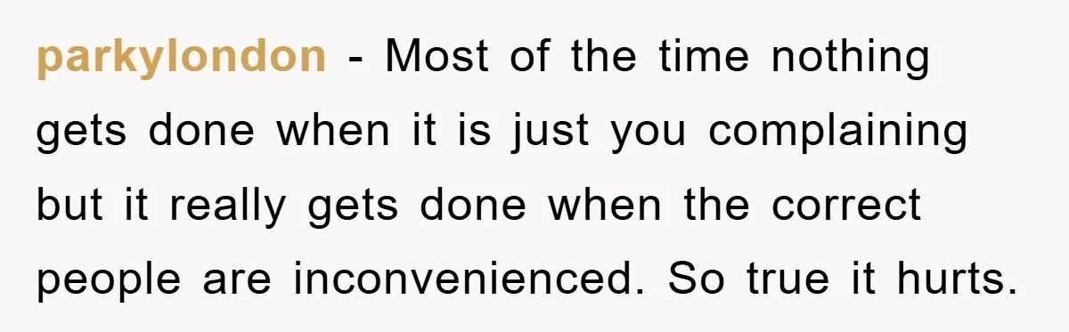 parkylondon − Most of the time nothing gets done when it is just you complaining but it really gets done when the correct people are inconvenienced. So true it hurts.