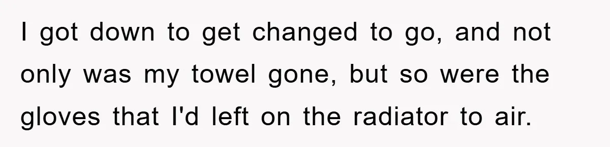 I got down to get changed to go, and not only was my towel gone, but so were the gloves that I'd left on the radiator to air.