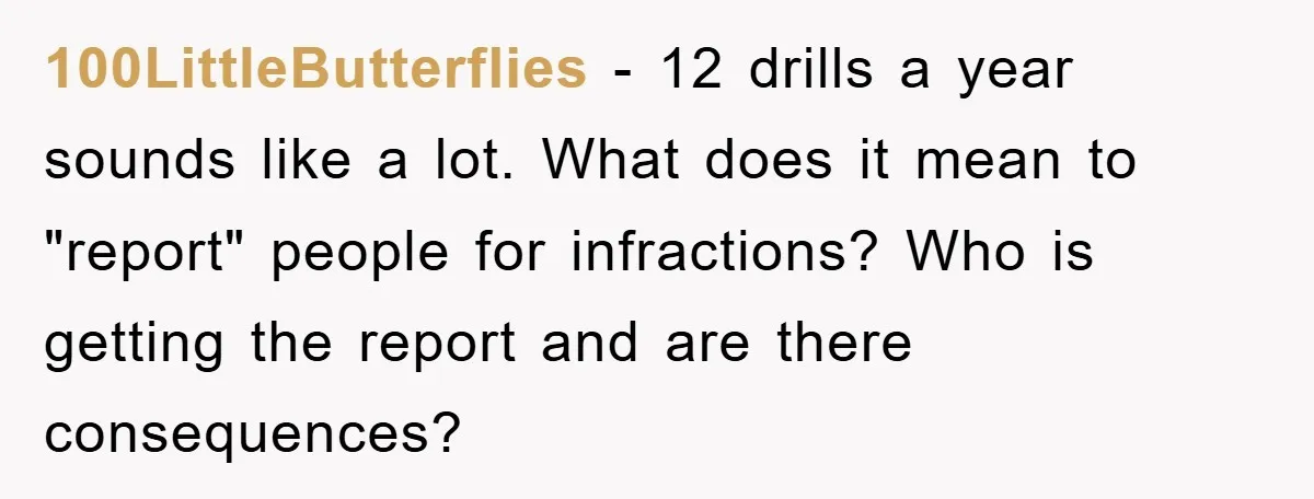 100LittleButterflies − 12 drills a year sounds like a lot. What does it mean to "report" people for infractions? Who is getting the report and are there consequences?