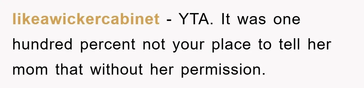 likeawickercabinet − YTA. It was one hundred percent not your place to tell her mom that without her permission.