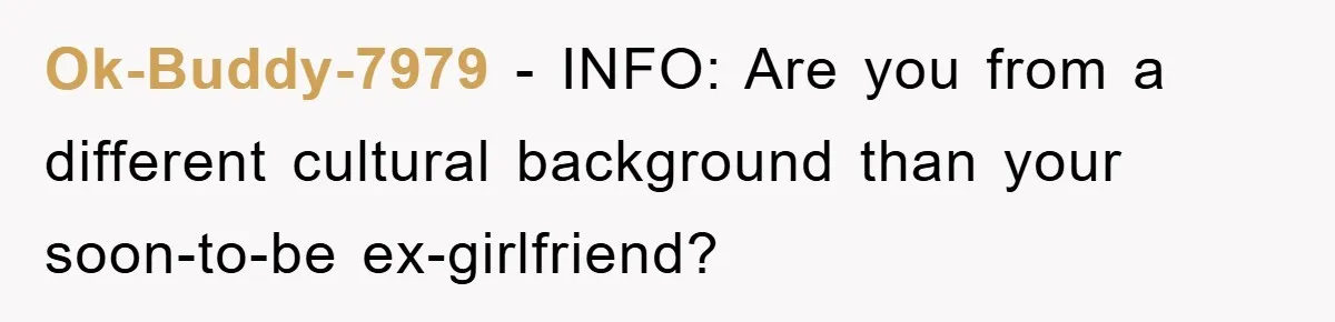 Ok-Buddy-7979 − INFO: Are you from a different cultural background than your soon-to-be ex-girlfriend?