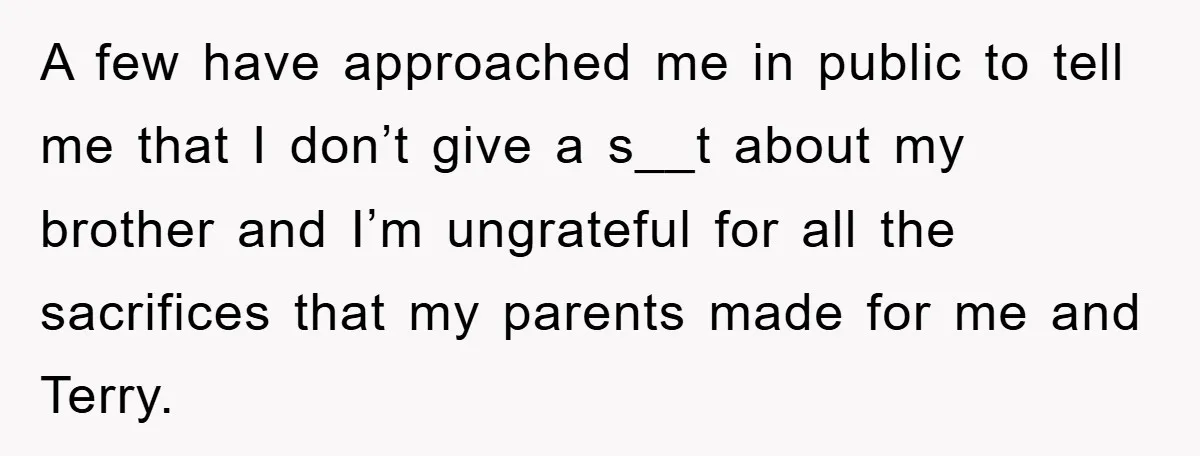 A few have approached me in public to tell me that I don’t give a s__t about my brother and I’m ungrateful for all the sacrifices that my parents made...