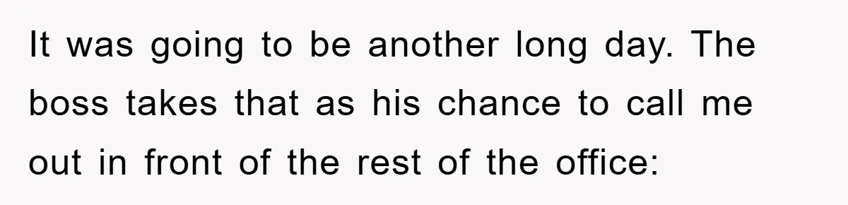 It was going to be another long day. The boss takes that as his chance to call me out in front of the rest of the office: