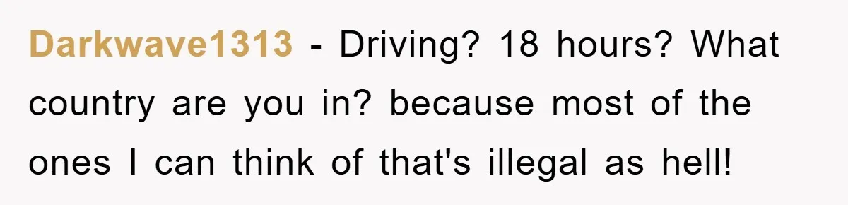 Darkwave1313 − Driving? 18 hours? What country are you in? because most of the ones I can think of that's illegal as hell!