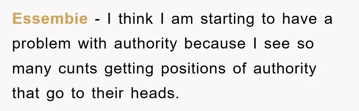 Essembie − I think I am starting to have a problem with authority because I see so many cunts getting positions of authority that go to their heads.