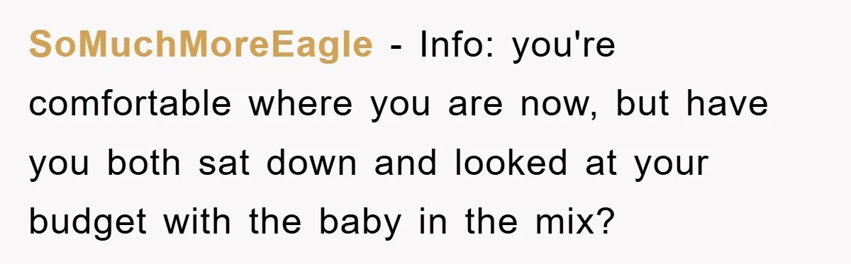 SoMuchMoreEagle − Info: you're comfortable where you are now, but have you both sat down and looked at your budget with the baby in the mix?