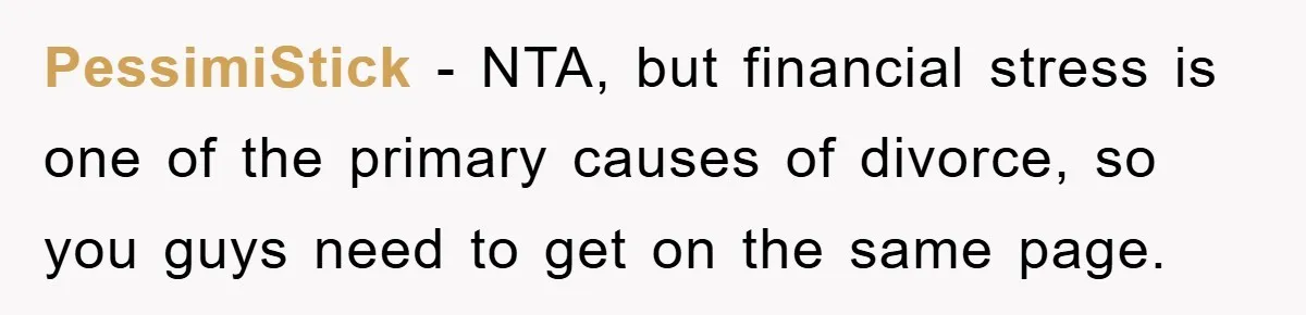 PessimiStick − NTA, but financial stress is one of the primary causes of divorce, so you guys need to get on the same page.