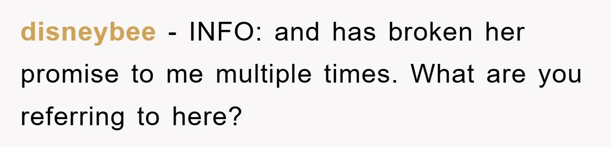 disneybee − INFO: and has broken her promise to me multiple times. What are you referring to here?