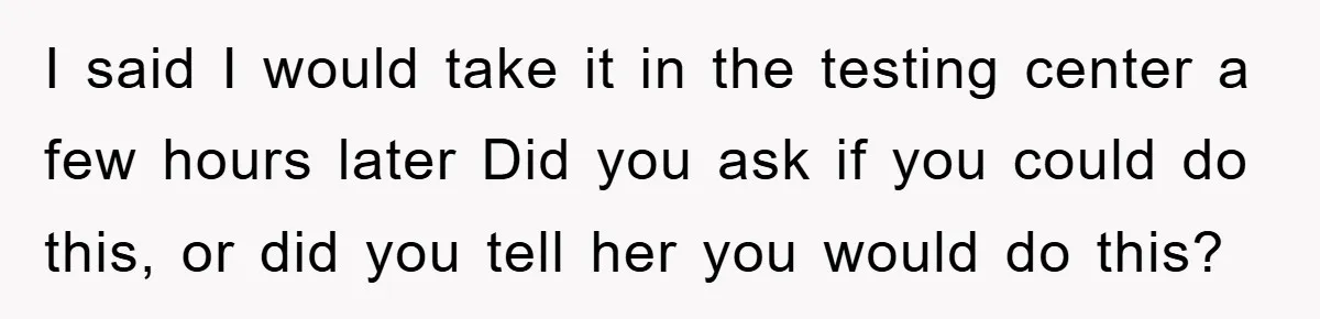 I said I would take it in the testing center a few hours later Did you ask if you could do this, or did you tell her you would do...