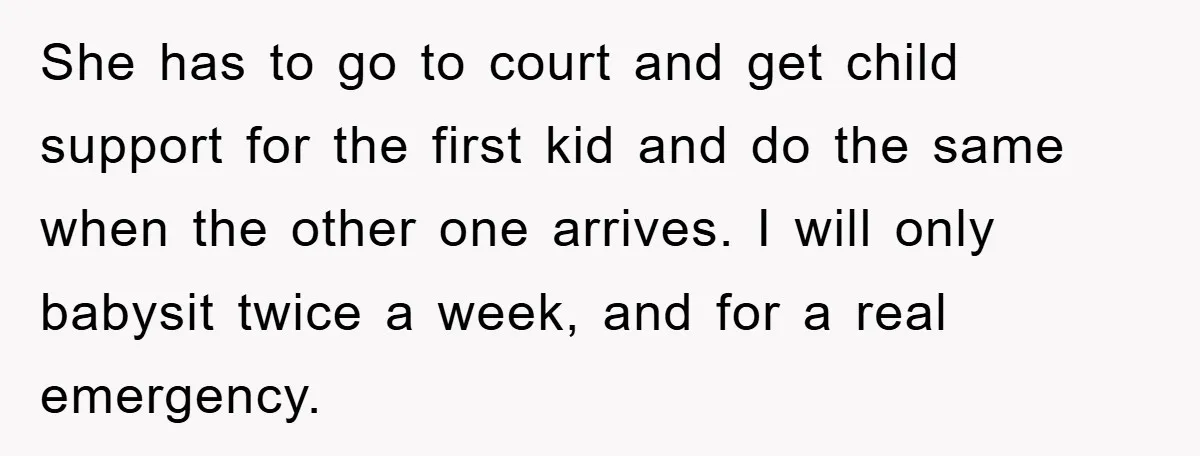She has to go to court and get child support for the first kid and do the same when the other one arrives. I will only babysit twice a week,...