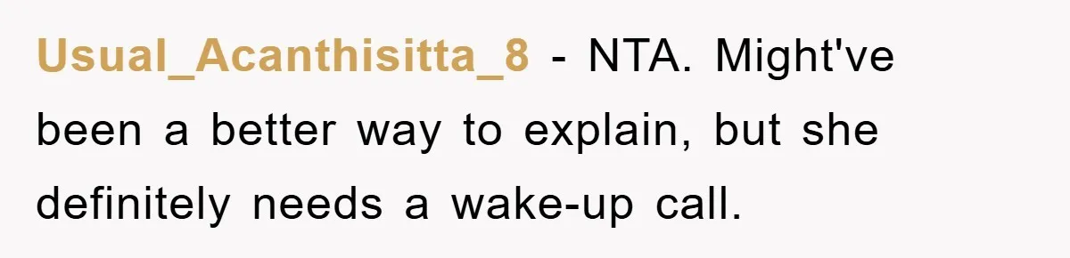 Usual_Acanthisitta_8 − NTA. Might've been a better way to explain, but she definitely needs a wake-up call.