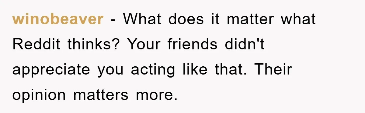 winobeaver − What does it matter what Reddit thinks? Your friends didn't appreciate you acting like that. Their opinion matters more.