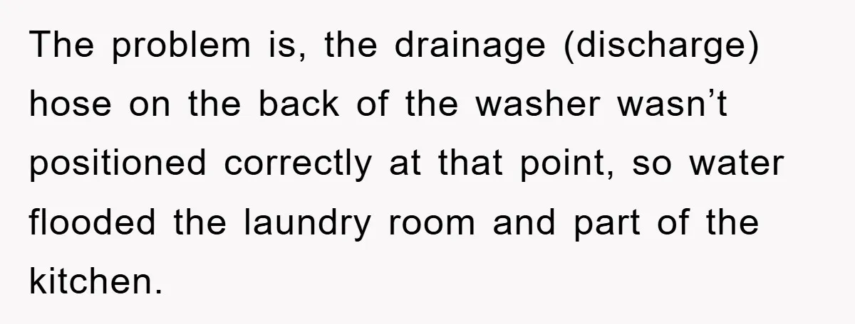 Roommate Ignores Instructions, Floods Hardwood Floor, And Refuses To Pay The Repair Bill The problem is, the drainage (discharge) hose on the back of the washer wasn’t positioned correctly at that point, so water flooded the laundry room and part of the kitchen.