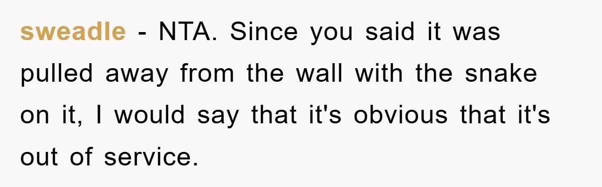 Roommate Ignores Instructions, Floods Hardwood Floor, And Refuses To Pay The Repair Bill sweadle − NTA. Since you said it was pulled away from the wall with the snake on it, I would say that it's obvious that it's out of service.