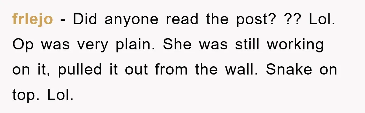 Roommate Ignores Instructions, Floods Hardwood Floor, And Refuses To Pay The Repair Bill frlejo − Did anyone read the post? ?? Lol. Op was very plain. She was still working on it, pulled it out from the wall. Snake on top. Lol.