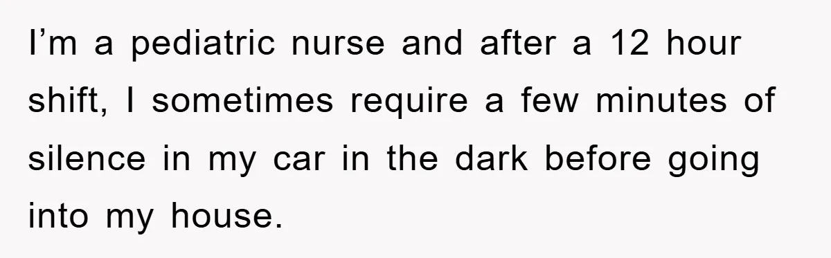 I’m a pediatric nurse and after a 12 hour shift, I sometimes require a few minutes of silence in my car in the dark before going into my house.
