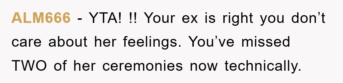 A Mother Skipped Her Daughter’s Graduation for Her Son’s - and Tore the Family Apart ALM666 − YTA! !! Your ex is right you don’t care about her feelings. You’ve missed TWO of her ceremonies now technically.