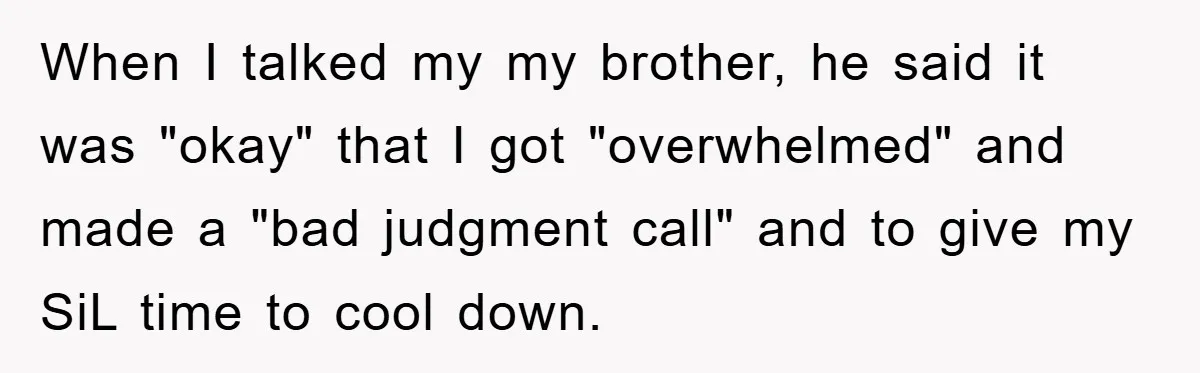 When I talked my my brother, he said it was "okay" that I got "overwhelmed" and made a "bad judgment call" and to give my SiL time to cool down.