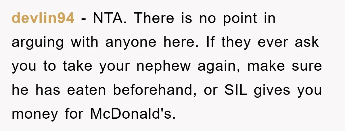 devlin94 − NTA. There is no point in arguing with anyone here. If they ever ask you to take your nephew again, make sure he has eaten beforehand, or SIL...