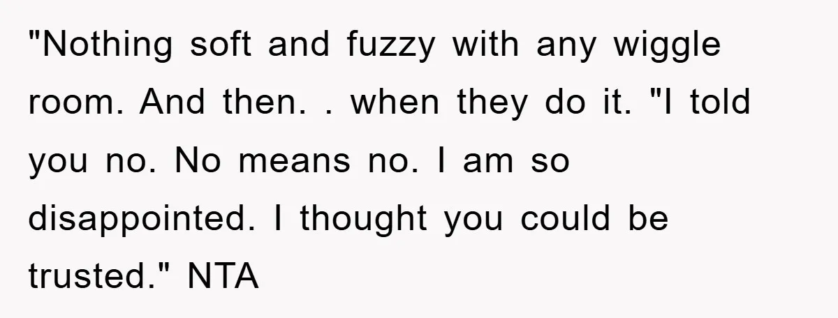 "Nothing soft and fuzzy with any wiggle room. And then. . when they do it. "I told you no. No means no. I am so disappointed. I thought you could...