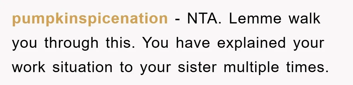 pumpkinspicenation − NTA. Lemme walk you through this. You have explained your work situation to your sister multiple times.
