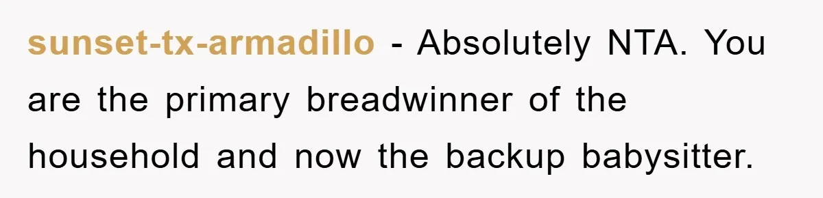 sunset-tx-armadillo − Absolutely NTA. You are the primary breadwinner of the household and now the backup babysitter.