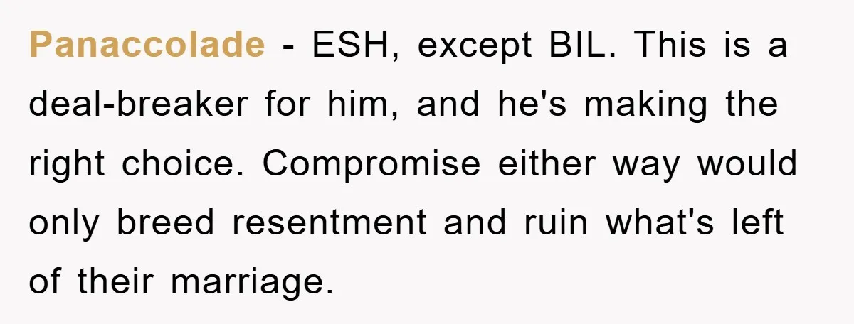 Panaccolade − ESH, except BIL. This is a deal-breaker for him, and he's making the right choice. Compromise either way would only breed resentment and ruin what's left of their...