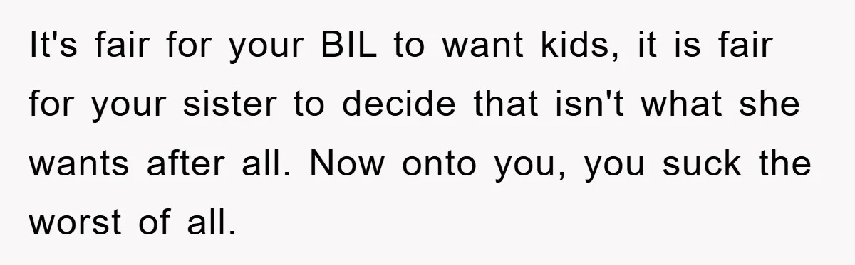 It's fair for your BIL to want kids, it is fair for your sister to decide that isn't what she wants after all. Now onto you, you suck the worst...