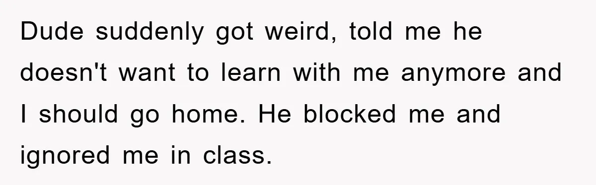 Dude suddenly got weird, told me he doesn't want to learn with me anymore and I should go home. He blocked me and ignored me in class.
