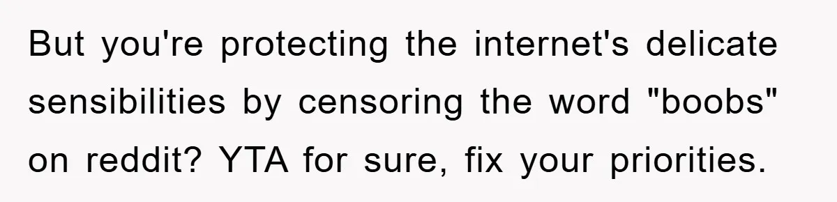 But you're protecting the internet's delicate sensibilities by censoring the word "boobs" on reddit? YTA for sure, fix your priorities.