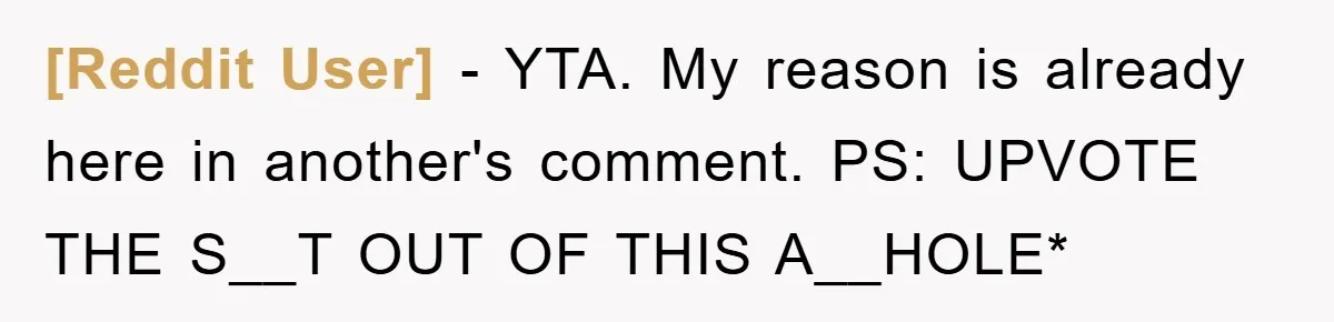 [Reddit User] − YTA. My reason is already here in another's comment. PS: UPVOTE THE S__T OUT OF THIS A__HOLE*