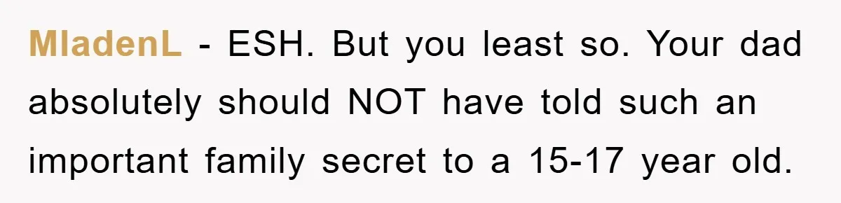 MladenL − ESH. But you least so. Your dad absolutely should NOT have told such an important family secret to a 15-17 year old.