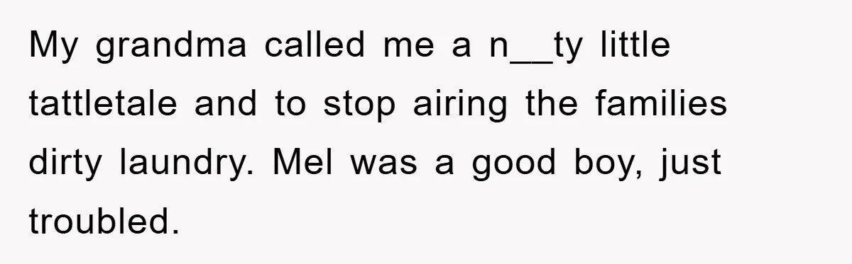 My grandma called me a n__ty little tattletale and to stop airing the families dirty laundry. Mel was a good boy, just troubled.
