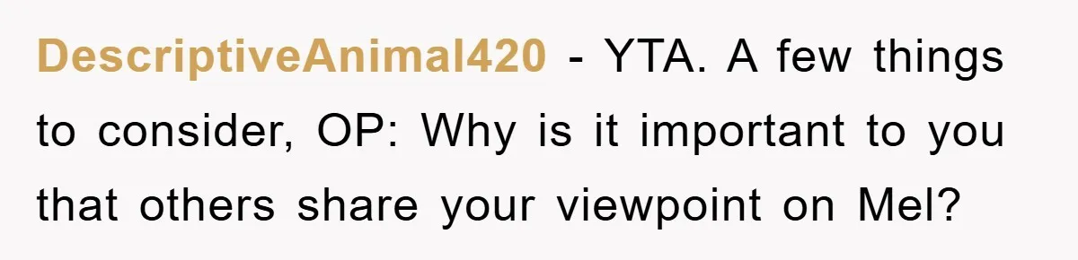 DescriptiveAnimal420 − YTA. A few things to consider, OP: Why is it important to you that others share your viewpoint on Mel?