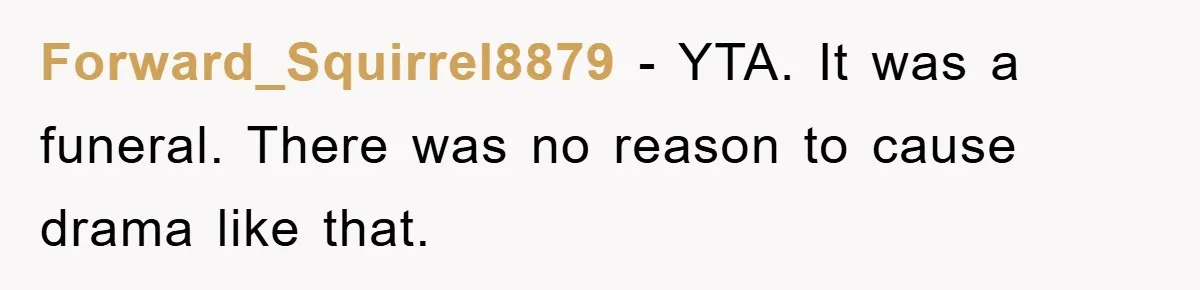 Forward_Squirrel8879 − YTA. It was a funeral. There was no reason to cause drama like that.