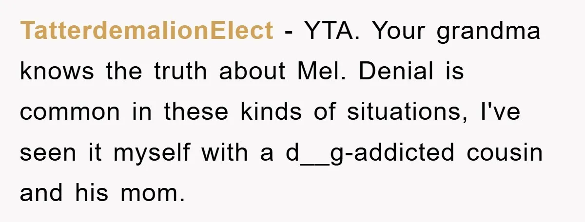 TatterdemalionElect − YTA. Your grandma knows the truth about Mel. Denial is common in these kinds of situations, I've seen it myself with a d__g-addicted cousin and his mom.